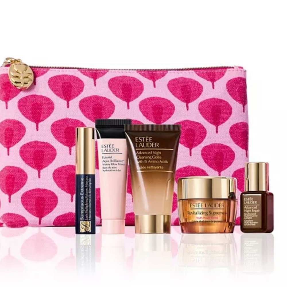 Estee Lauder Skincare Set with Pink Patterned Pouch